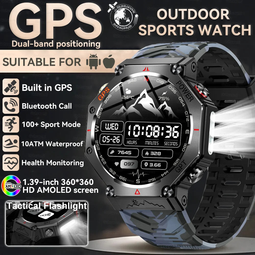 GUHUAVMI Tactical Smartwatch | 10ATM IP69K Waterproof | Dual GPS Tracking | 30-Day Standby | Compass & Flashlight