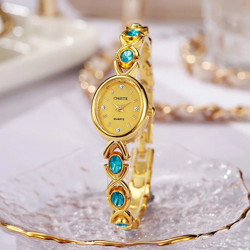 ZKCEENIER SN250272 Women's Quartz Bangle Watch | Gold Tone Azure Gemstone Bracelet | Stainless Steel Jewelry Watch