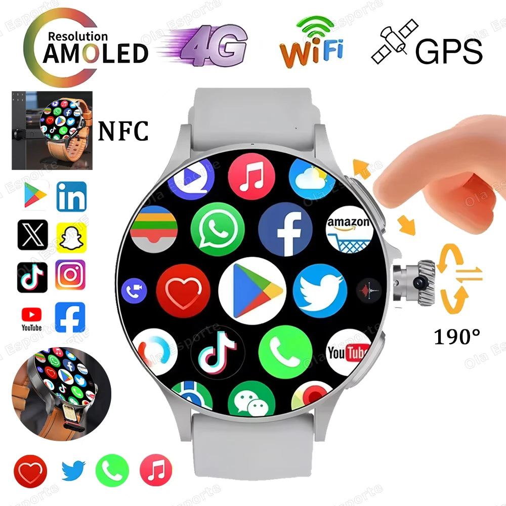 Smartwatch With SIM Card, NFC, GPS, Tracker, 5G/Wi-Fi, Bluetooth, 800W Camera, 1.95" Screen, 1000mAh Battery.