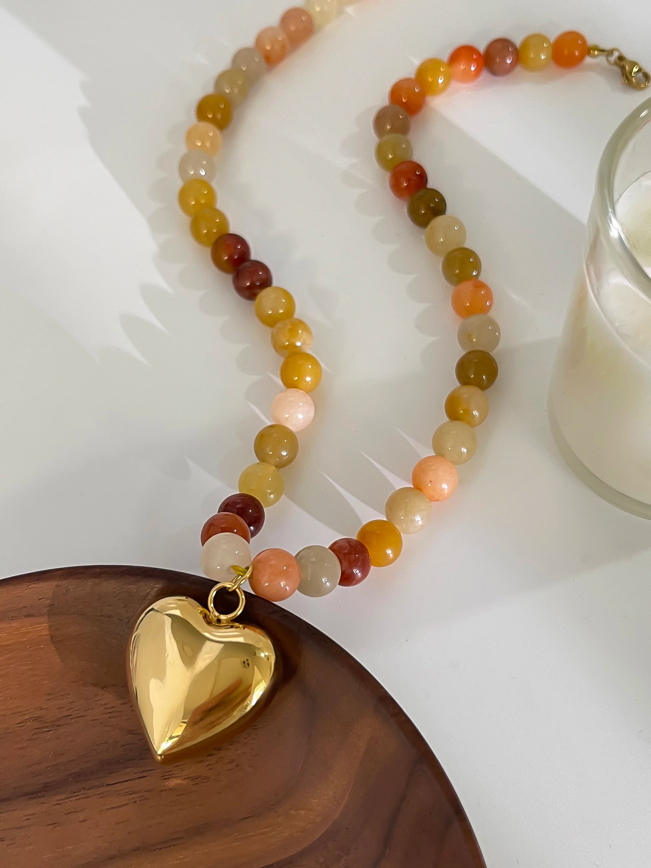 Peri'sBox Women's Multi-color Natural Stone Beaded Choker | Gold Plated Stainless Steel Heart Pendant | Bohemia Trendy