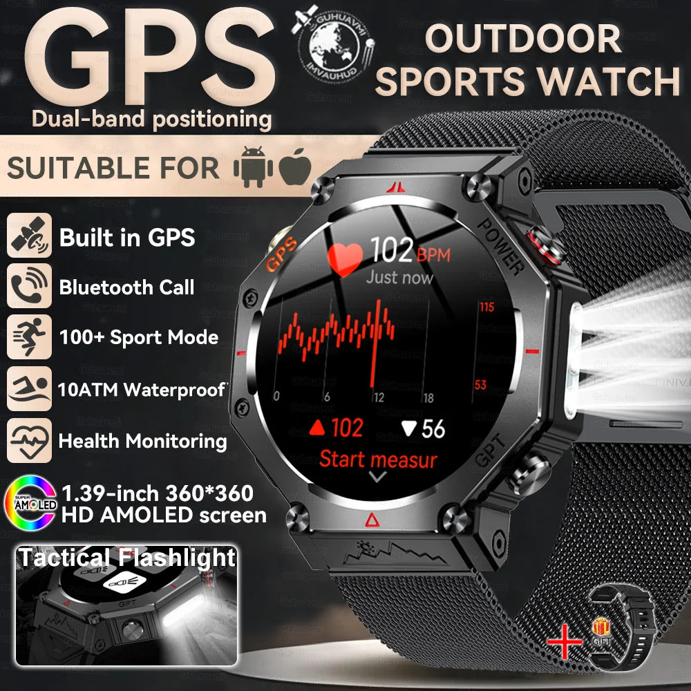 GUHUAVMI Tactical Smartwatch | 10ATM IP69K Waterproof | Dual GPS Tracking | 30-Day Standby | Compass & Flashlight