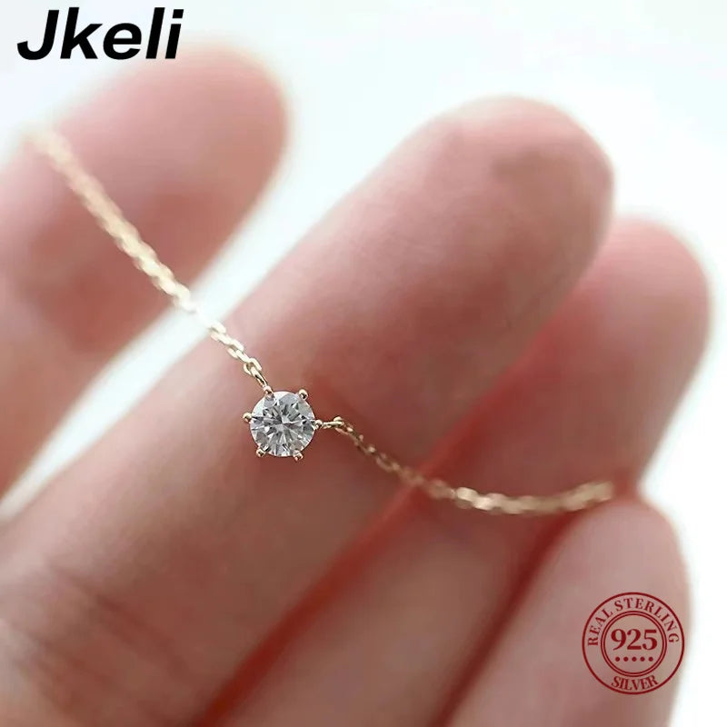 Jkeli S925 Sterling Silver Solitaire Necklace | Gold Plated Zircon Pendant | Delicate Minimalist Fine Jewellery