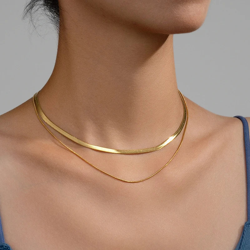 LOVBEAFAS Waterproof Snake Chain Necklace | Stainless Steel Herringbone Link | Gold & Silver Trend | 2mm-5mm Width