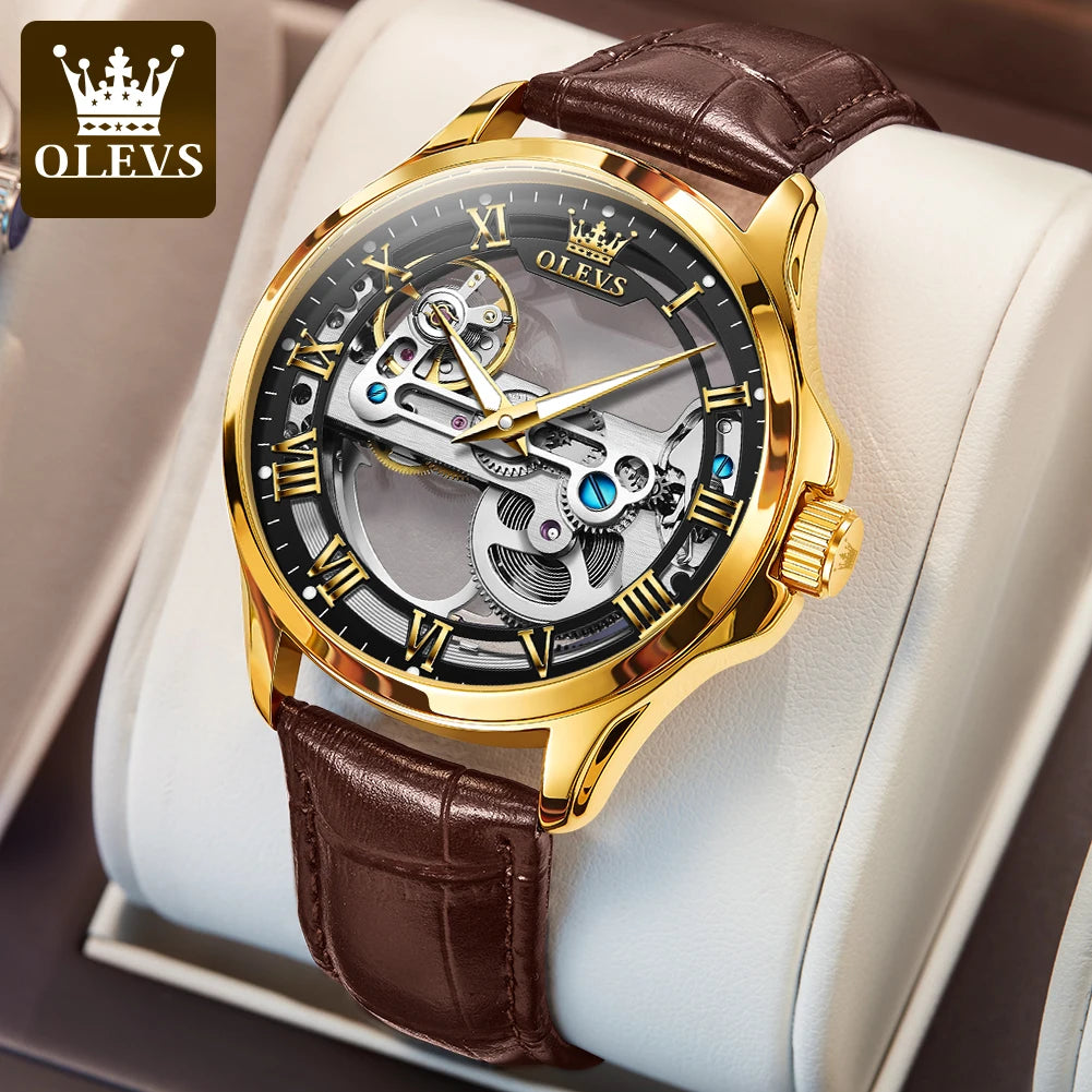 OLEVS 6661 Luxury Skeleton Mechanical Watch – Hand-Wound | Stainless Steel Case | Luminous Display | 3ATM Waterproof | Leather Strap
