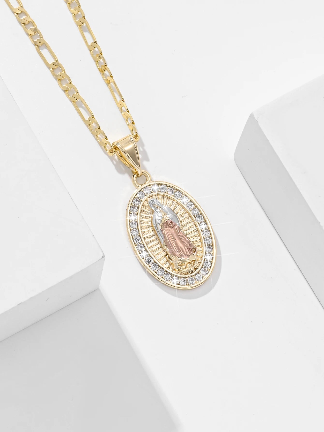 Religious Oval Pendant Necklace | Gold Plated Virgin Mary & Zirconia Halo | Blade Chain Catholic Jewellery