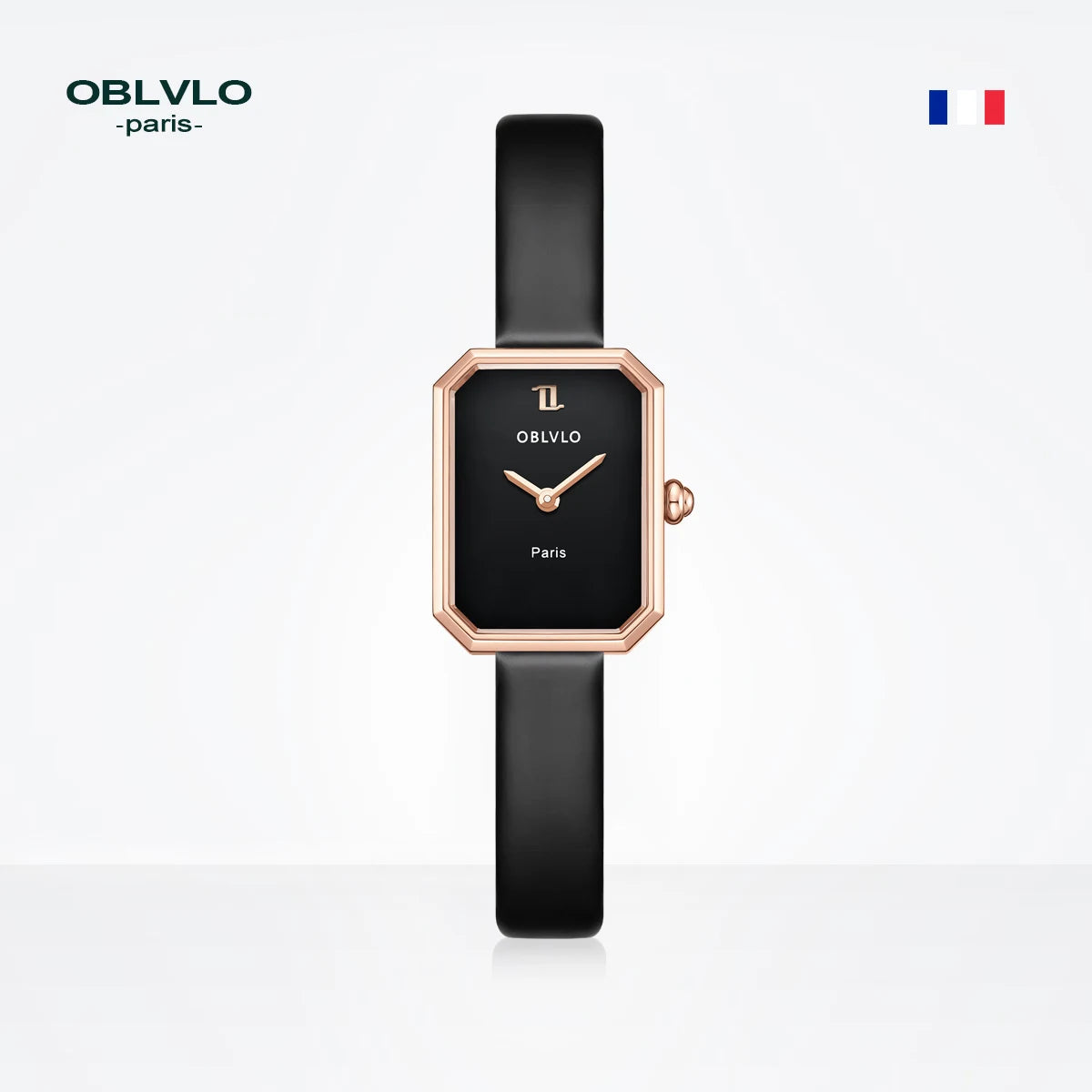 OBLVLO women's quartz watch, rose gold case, leather strap, malachite dial with diamond surface and sapphire crystal.