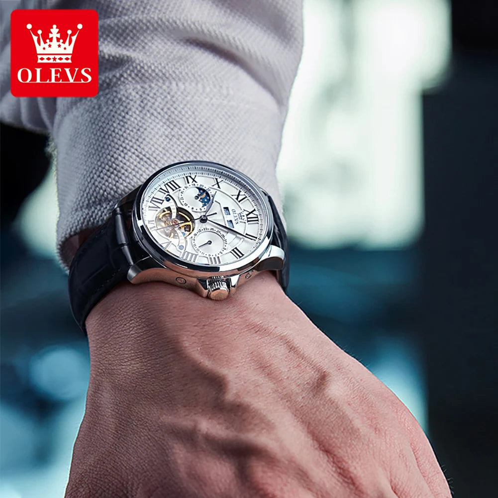 OLEVS 7013 Automatic Mechanical Watch – Moon Phase | Skeleton Dial | Roman Numerals | 3 ATM Water Resistant | Genuine Leather Strap