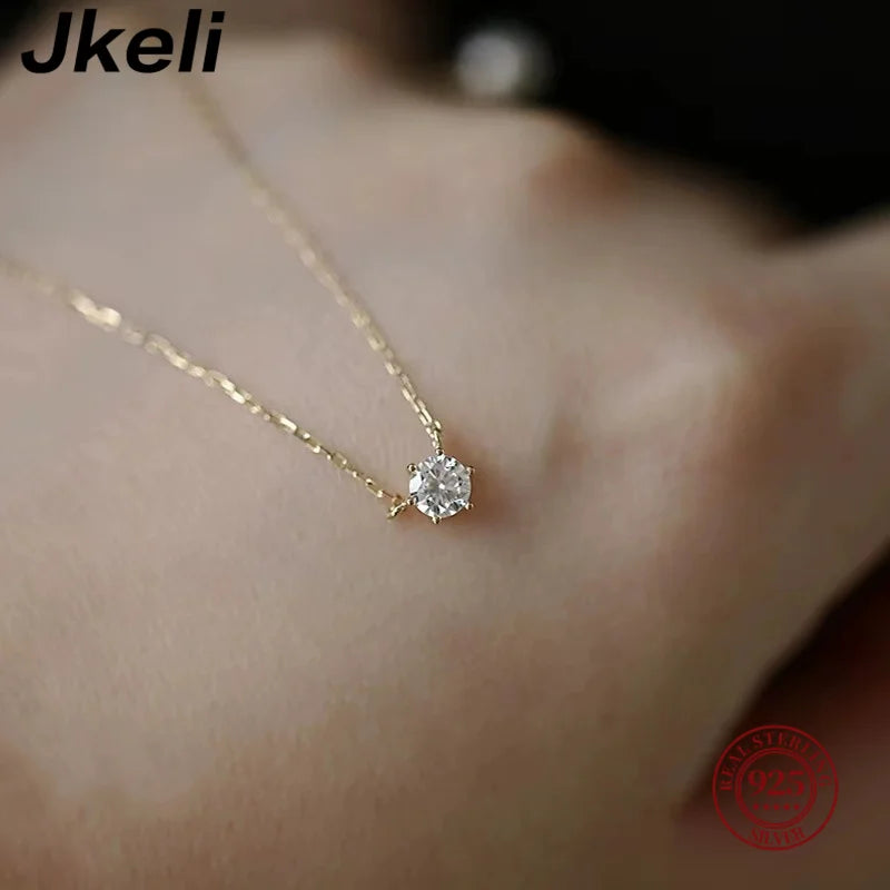 Jkeli S925 Sterling Silver Solitaire Necklace | Gold Plated Zircon Pendant | Delicate Minimalist Fine Jewellery