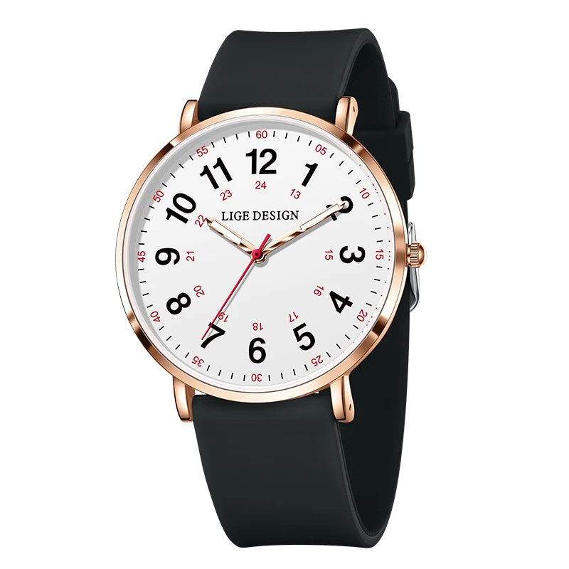 LIGE Luxury Women's Watch, Elegant and Modern, Silicone Strap, Luminous Dial, Waterproof, Quartz Movement.