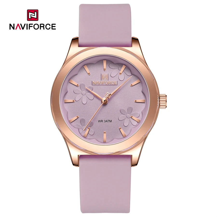 NAVIFORCE NF5051 Women's Quartz Watch | Floral Dial Design | Rose Gold Case | Silicone Strap | 3ATM