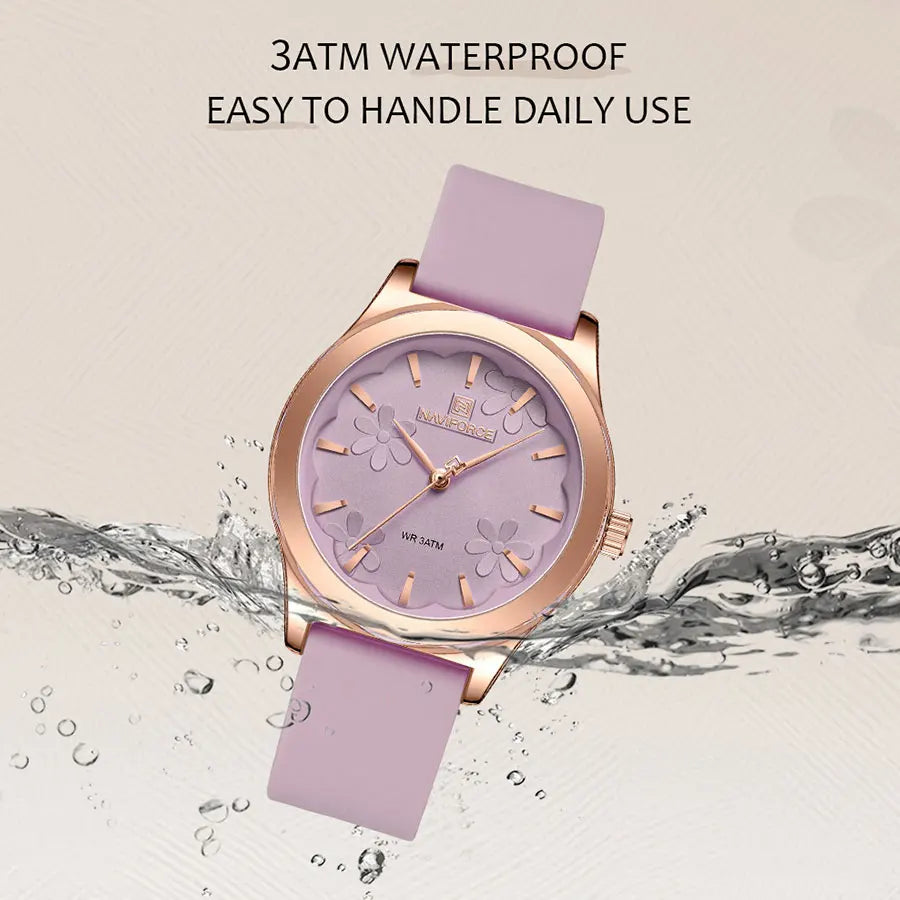 NAVIFORCE NF5051 Women's Quartz Watch | Floral Dial Design | Rose Gold Case | Silicone Strap | 3ATM