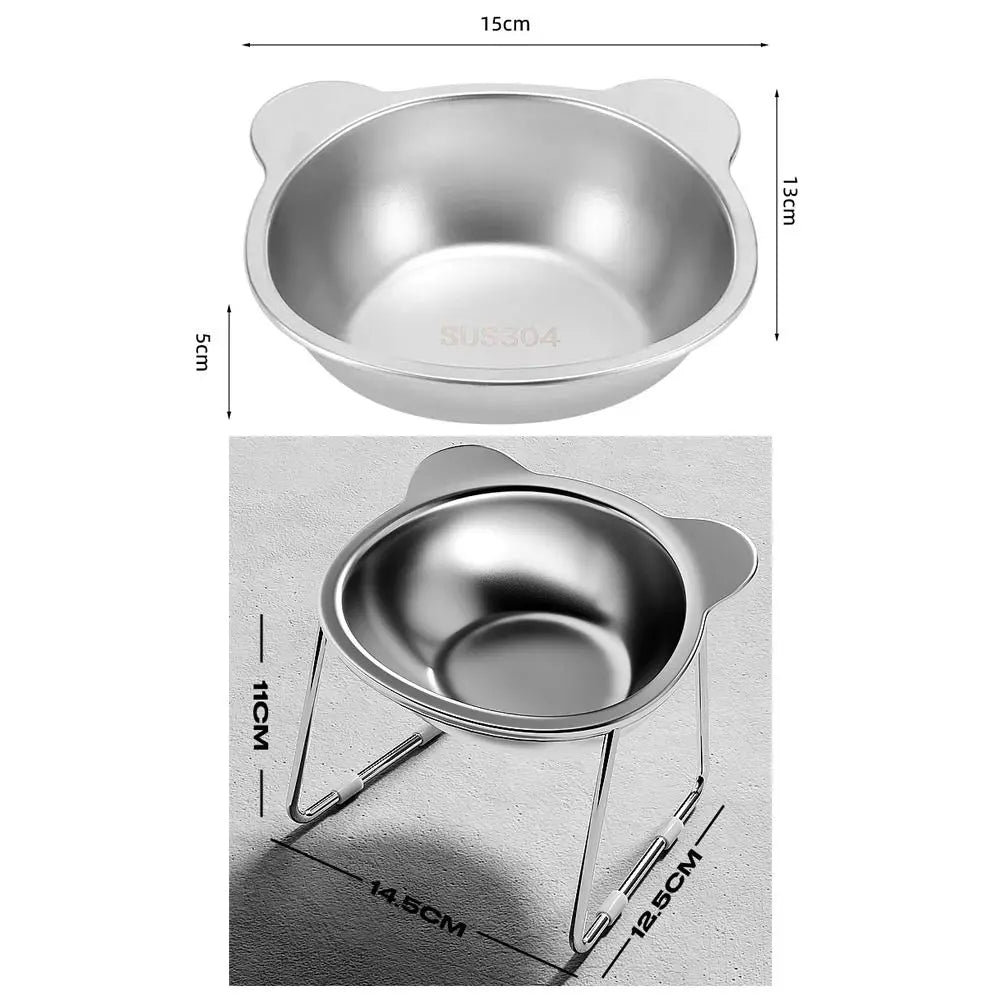 304 Stainless Steel Elevated Cat Food Bowl | 15° Tilted Design for Spine Protection | Anti-Skid Puppy Feeder