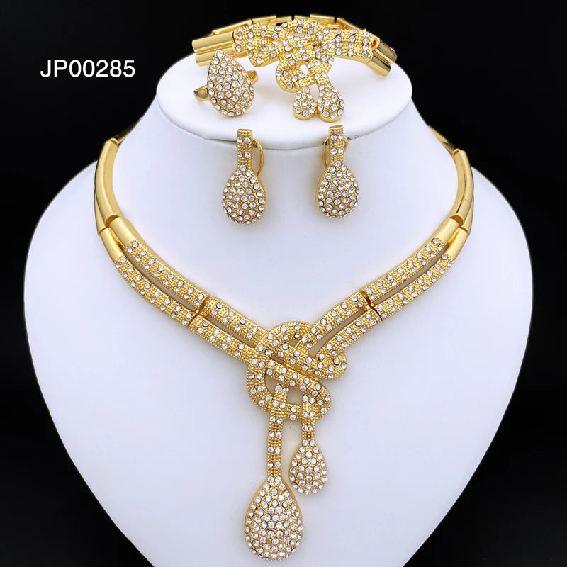 GZJPEI Dubai Gold Plated Jewellery Set | Women's Big Statement Necklace, Bracelet, Earrings & Ring | Party Fashion