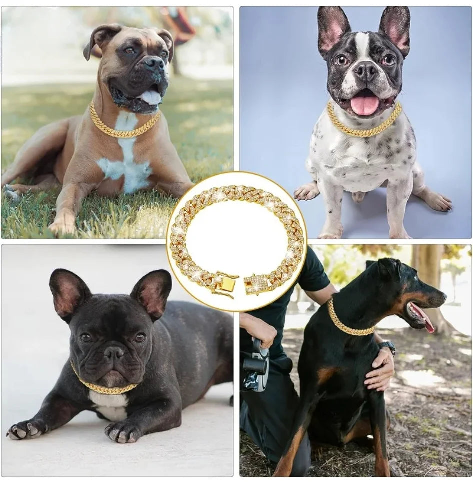 Iced-Out Cuban Link Dog Collar | Heavy Duty Zirconia Diamond & Stainless Steel Chain | Luxury Collar for Large Dogs