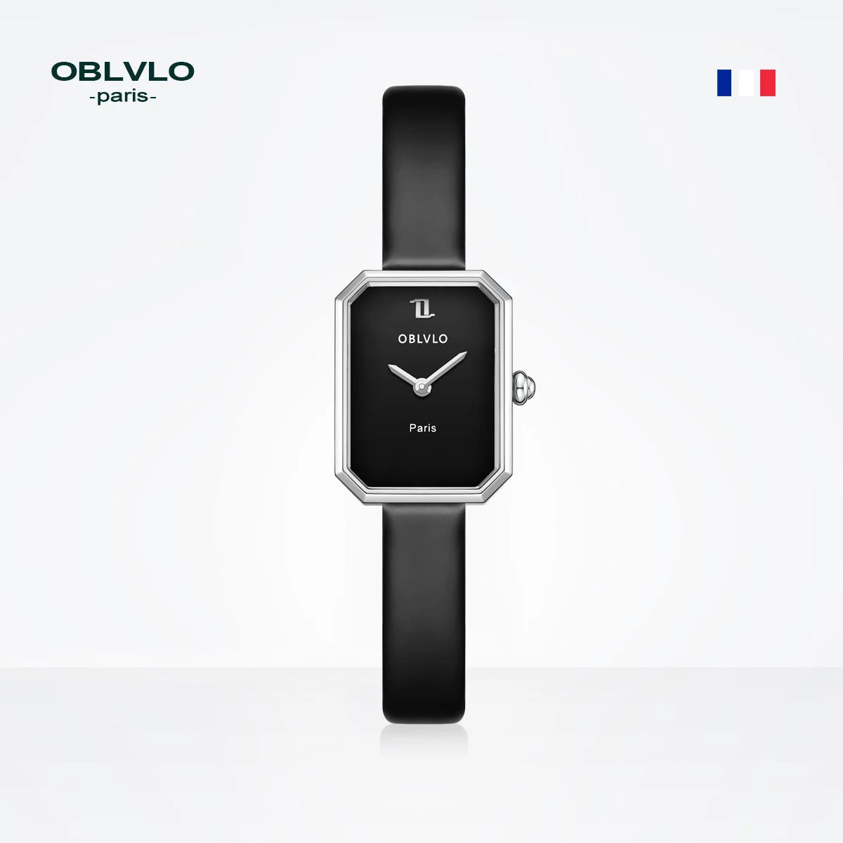 OBLVLO women's quartz watch, rose gold case, leather strap, malachite dial with diamond surface and sapphire crystal.