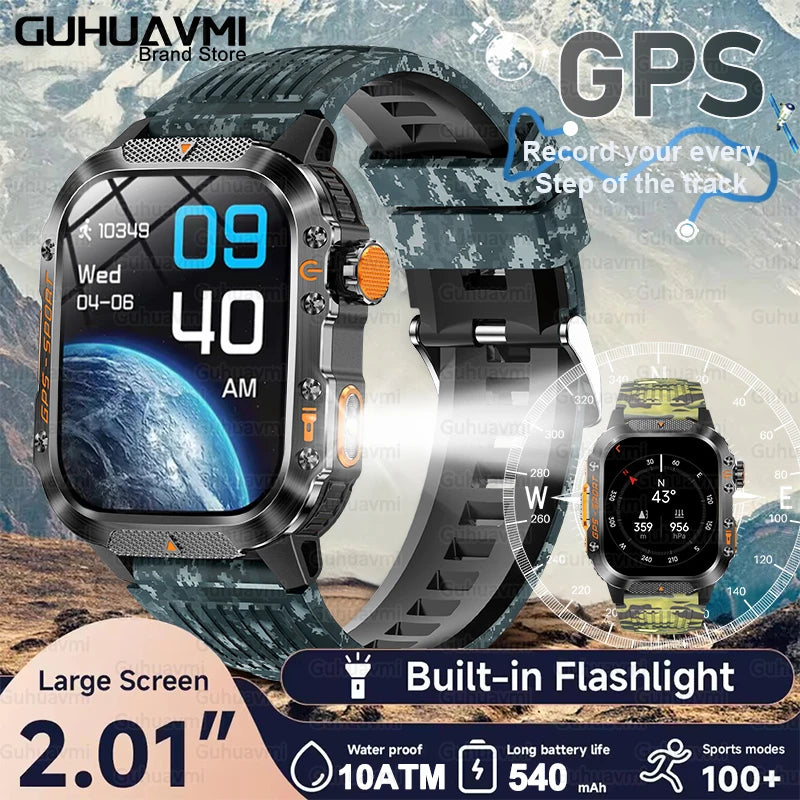 Smartwatch with GPS | GUHUAVMI HT36 Military Style | 2.01” HD AMOLED Screen | Water resistant up to 10 ATM | 540 mAh battery