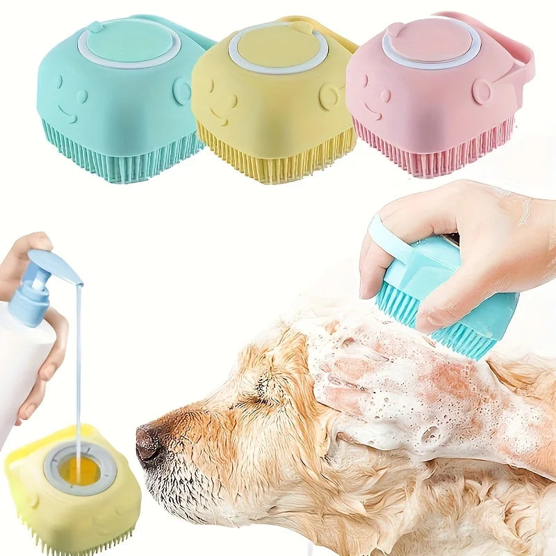 Silicone Pet Bath Brush & Massager for Dogs & Cats | Shampoo Dispensing Grooming Tool