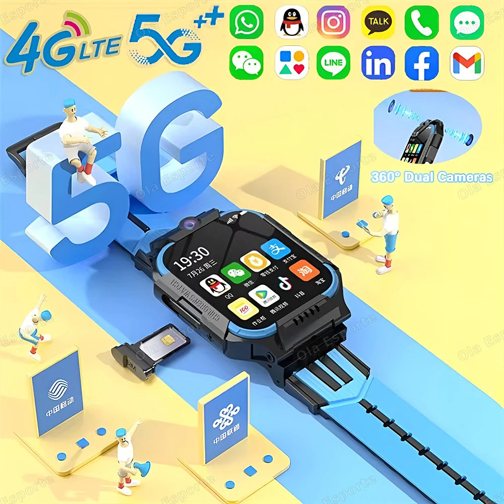 Smartwatch with SOS, GPS, 5G for kids, location tracking, SIM card calls, camera, video calls, and waterproof.