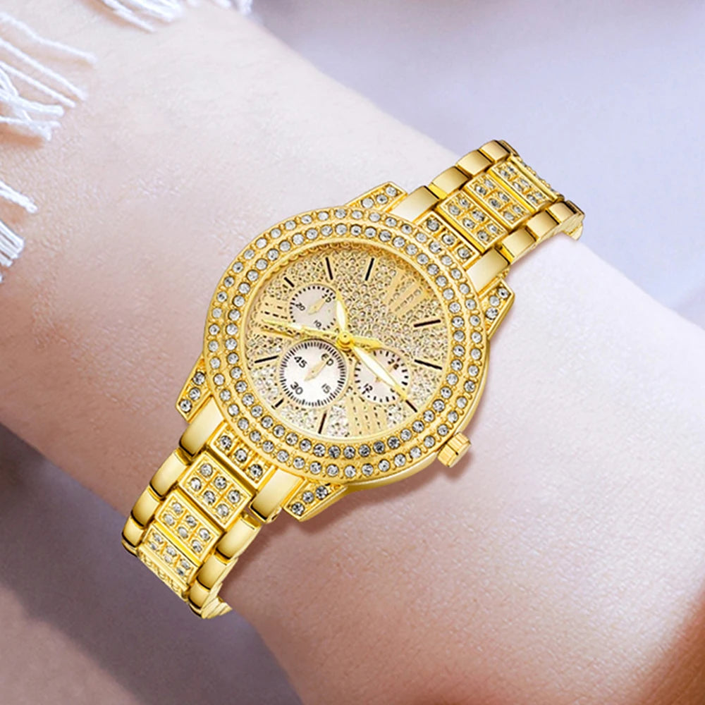 Luxury Women's Gold Quartz Watch + Necklace with Ring and Earrings
