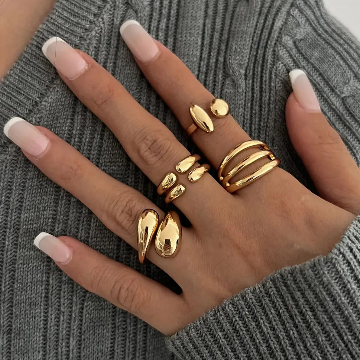 DIEZI 4Pcs Adjustable Gold Ring Set | Sculptural Fluid Statement Rings | Midi Knuckle Joint Jewellery