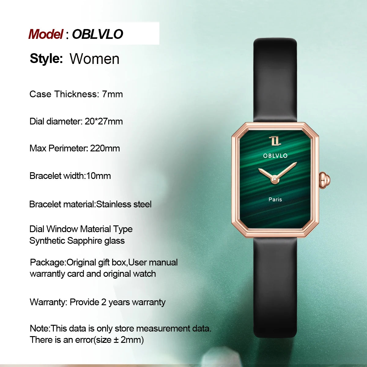 OBLVLO women's quartz watch, rose gold case, leather strap, malachite dial with diamond surface and sapphire crystal.