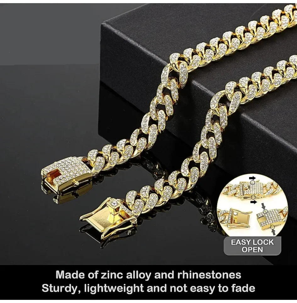 Iced-Out Cuban Link Dog Collar | Heavy Duty Zirconia Diamond & Stainless Steel Chain | Luxury Collar for Large Dogs