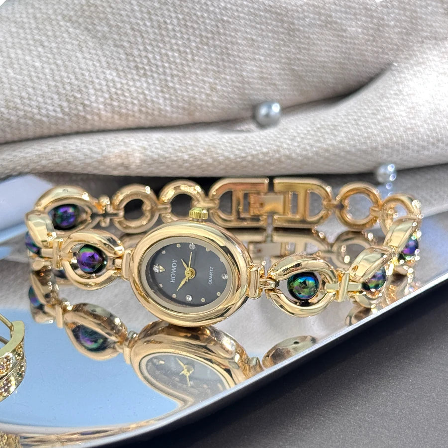 HOWDY HD4008 Women's Quartz Watch | Gold Tone Heart Bracelet | Iridescent Gemstones | Jewelry Bangle Watch