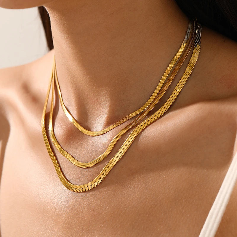 LOVBEAFAS Waterproof Snake Chain Necklace | Stainless Steel Herringbone Link | Gold & Silver Trend | 2mm-5mm Width