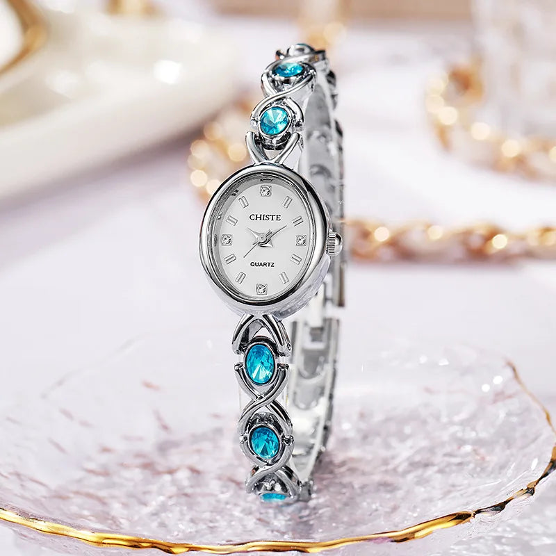 ZKCEENIER SN250272 Women's Quartz Bangle Watch | Gold Tone Azure Gemstone Bracelet | Stainless Steel Jewelry Watch