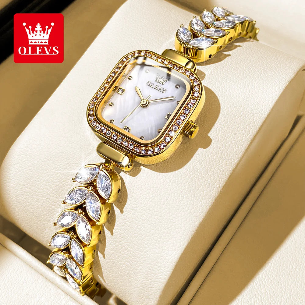 OLEVS 9987 Women's Luxury Quartz Watch | Marquise Gemstone Bracelet | Mother-of-Pearl Dial | Gold Tone Square Case
