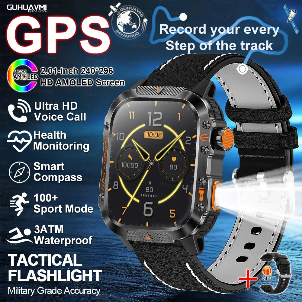 Smartwatch with GPS | GUHUAVMI HT36 Military Style | 2.01” HD AMOLED Screen | Water resistant up to 10 ATM | 540 mAh battery