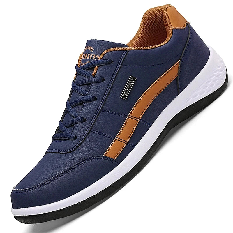 PUAMSS Men's Casual Sneaker | Waterproof PU Upper | Navy & Brown Classic Style | Flat Heel