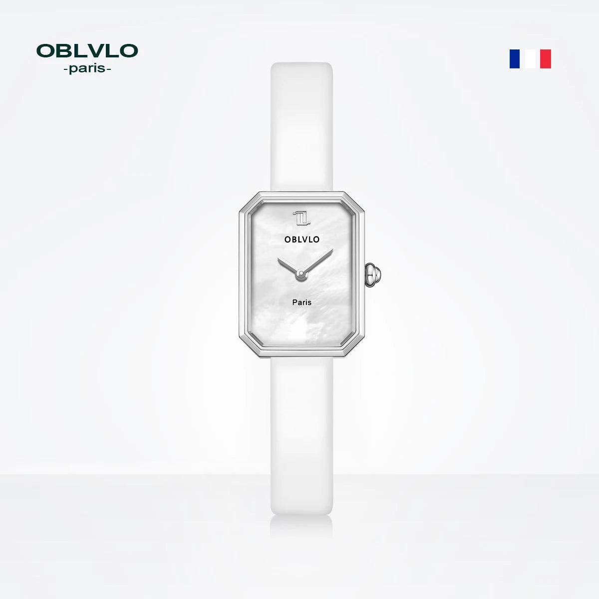 OBLVLO women's quartz watch, rose gold case, leather strap, malachite dial with diamond surface and sapphire crystal.