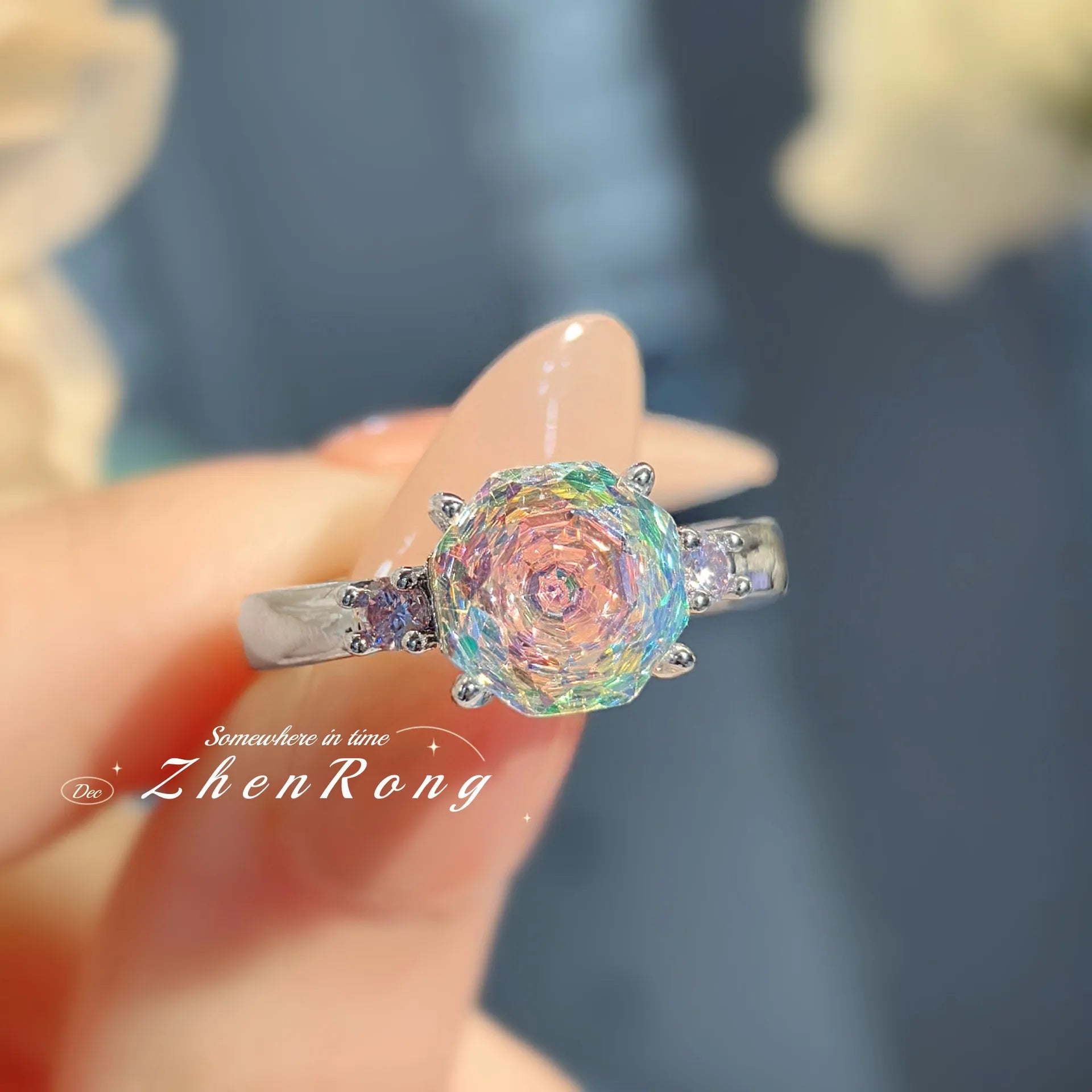 ZhenRong Women's Iridescent Crystal Jewellery Set | Adjustable Ring, Necklace & Stud Earrings | Wedding Party Trend