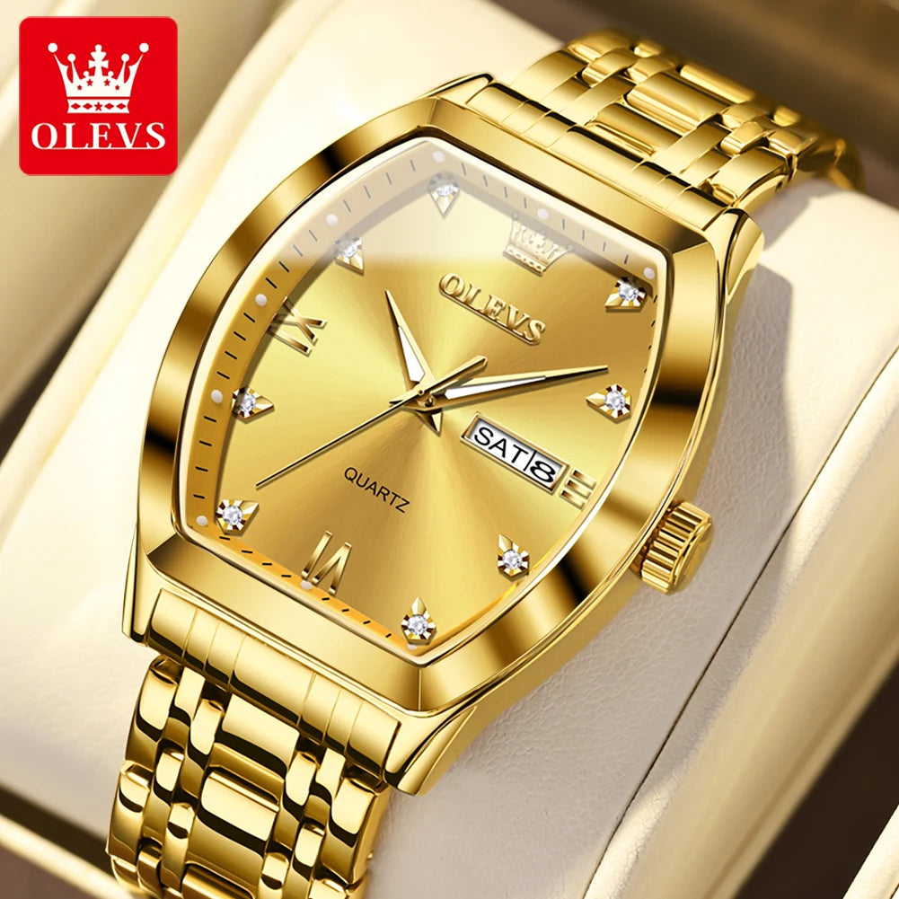 OLEVS 5528 Men's Classic Luxury Watch, Quartz Movement, Luminous, Tonneau-shaped Dial, Top Quality, Water Resistant