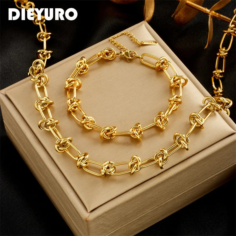 DIEYURO Women's Geometric Knot Jewellery Set | Stainless Steel Link Necklace & Bracelet | Trendy Party Fashion
