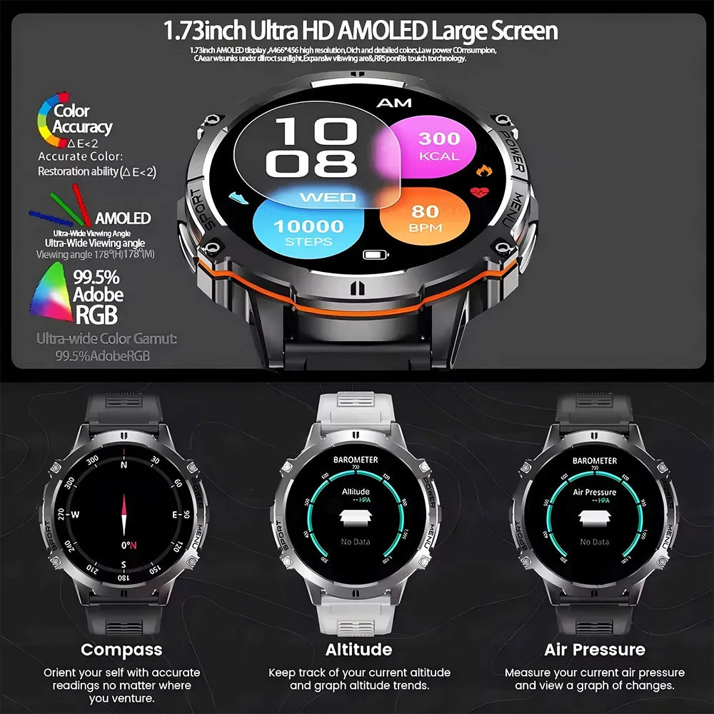 Smartwatch | PENGAGAR TANK X3 | Men's | Water Resistant up to 5 ATM | 1000 mAh Battery | GPS | Compass | Bluetooth | AMOLED Screen