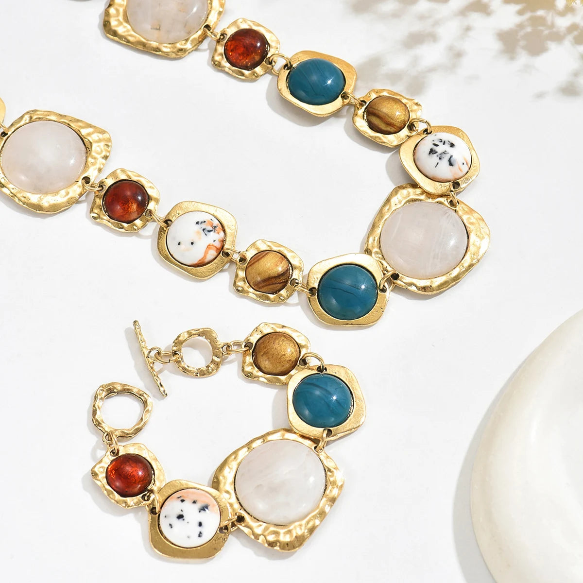 Bohemia Multi-Stone Geometric Jewellery Set | Chunky Irregular Necklace & Bracelet | Vintage Metal Fashion
