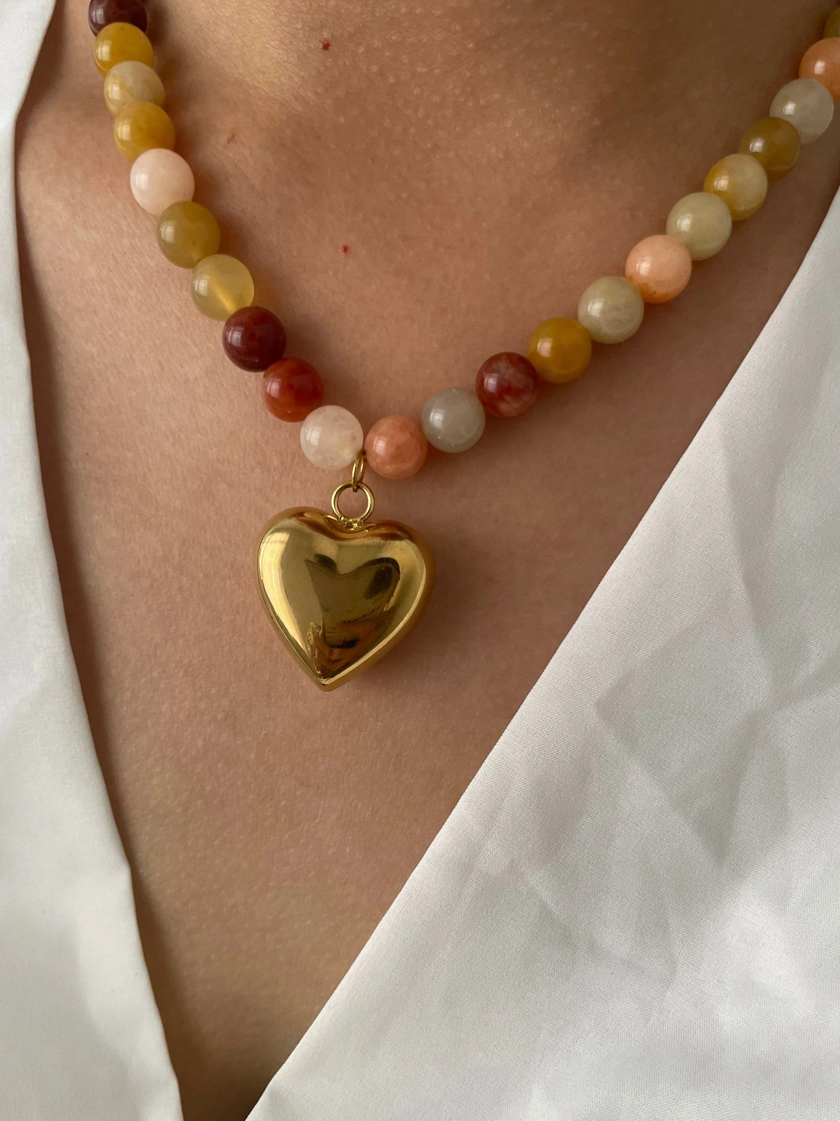 Peri'sBox Women's Multi-color Natural Stone Beaded Choker | Gold Plated Stainless Steel Heart Pendant | Bohemia Trendy