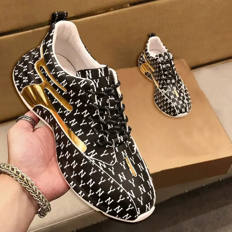 MAOGU F97 Men's/Women's Monogram Sneaker | Metallic Gold Accent | PU Leather Upper | Street Style Trainer