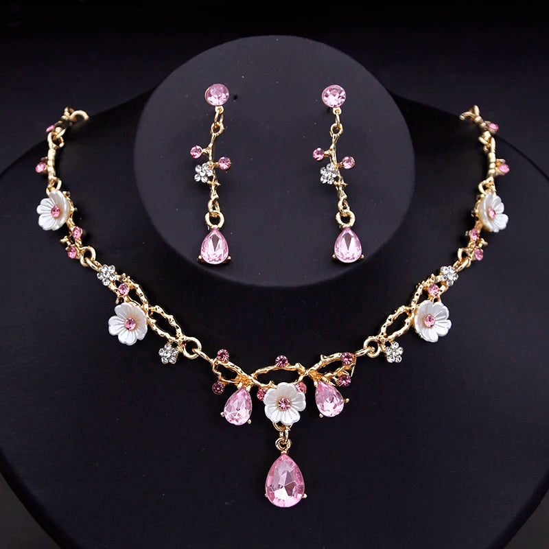 Cenmon Vintage Floral Bridal Jewellery Set | Pink Crystal Water Drop Necklace & Earrings | Gold Tone Wedding Accessory