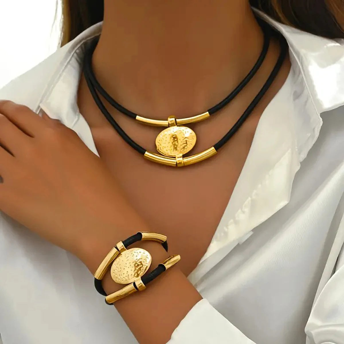Vintage Faux Leather and Metal Oval Necklace and Bracelet for Women, Gold and Silver, 2 Pieces with Double Layer Chain