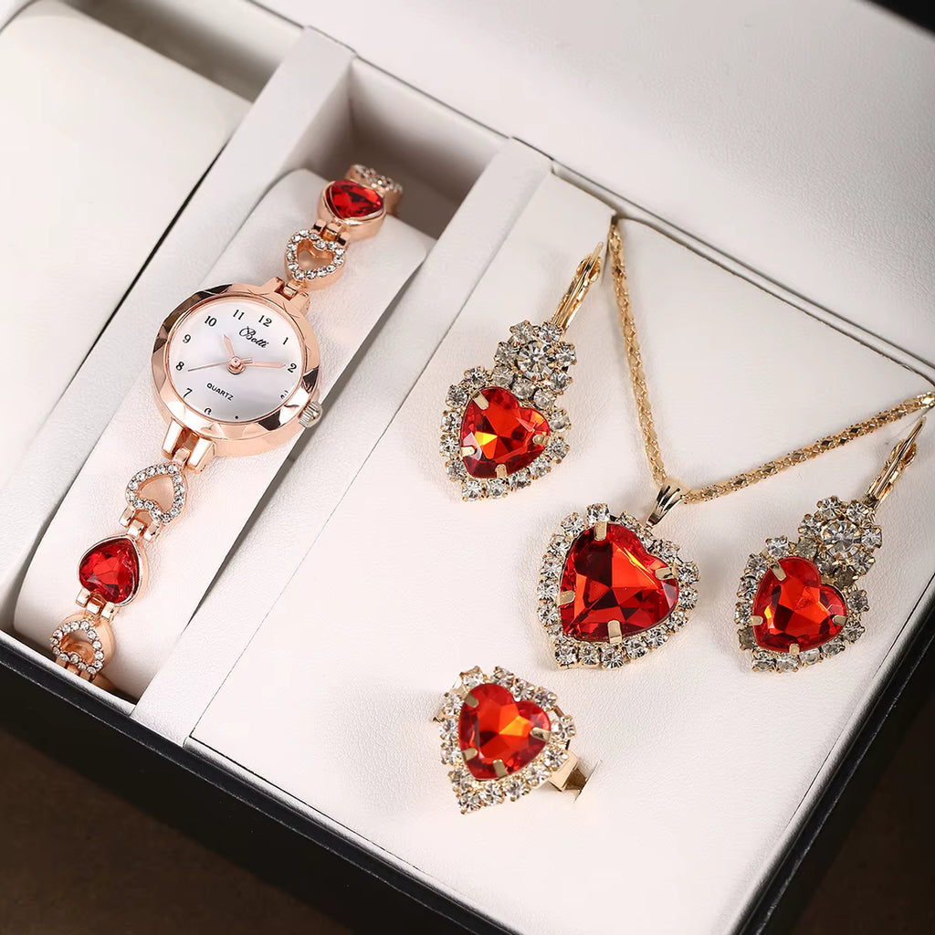 Premium Women's 4-Piece Set 2025 – Quartz Watch, Necklace, Ring and Earrings with Crystals