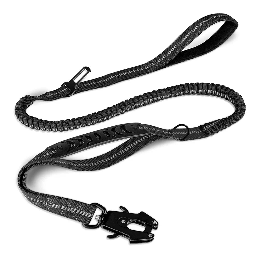 Heavy Duty Tactical Bungee Dog Leash | Zero Shock, Frog Clip & Car Seat Belt Buckle | Reflective Large Dog Lead