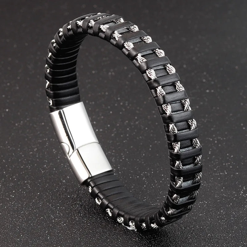 JIAYUPENG Men's Fusion Bracelet | Black Leather & Stainless Steel Chain | Magnet Clasp | Trendy Jewellery