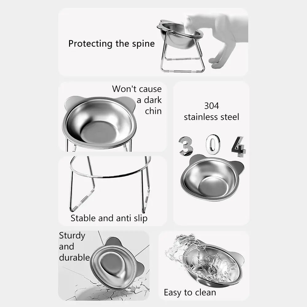 304 Stainless Steel Elevated Cat Food Bowl | 15° Tilted Design for Spine Protection | Anti-Skid Puppy Feeder