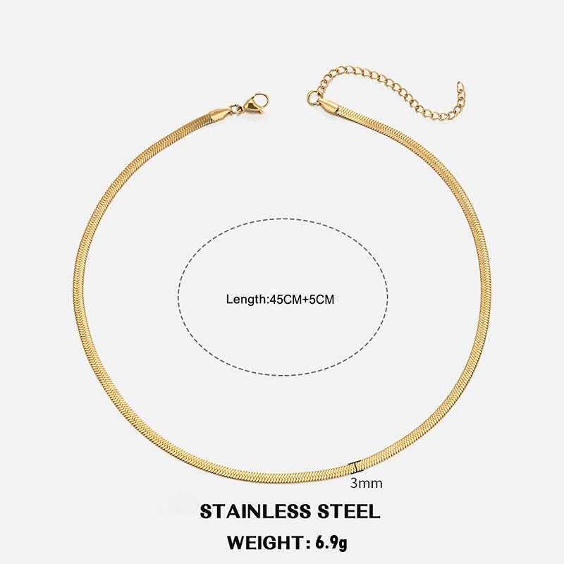 LOVBEAFAS Waterproof Snake Chain Necklace | Stainless Steel Herringbone Link | Gold & Silver Trend | 2mm-5mm Width