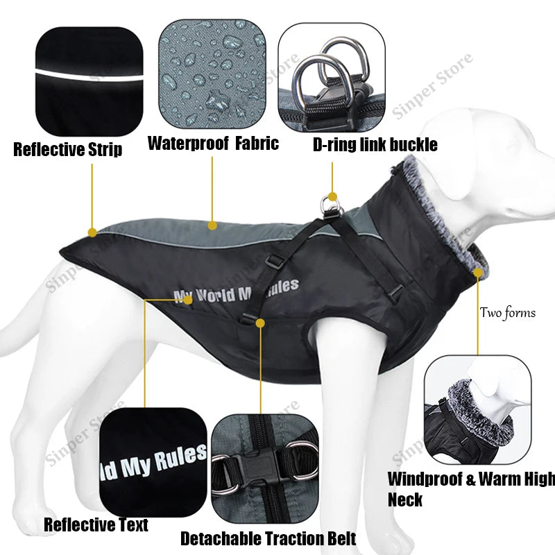 Waterproof Dog Winter Coat | Windproof, Reflective & Warm High Neck Jacket | Detachable Leash Attachment