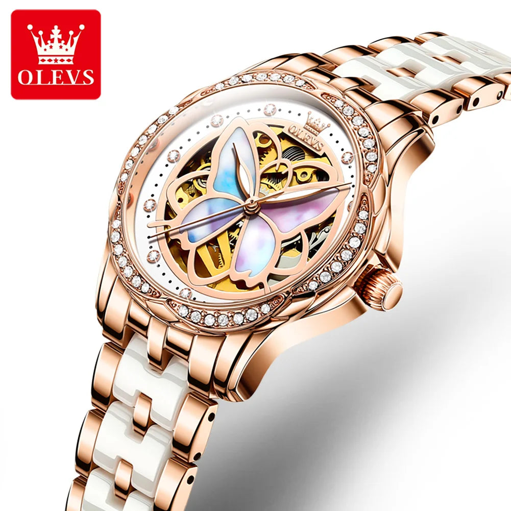 OLEVS 6615 Women's Automatic Watch | Butterfly Skeleton Dial | Rose Gold & Ceramic Bracelet | Rhinestone Bezel
