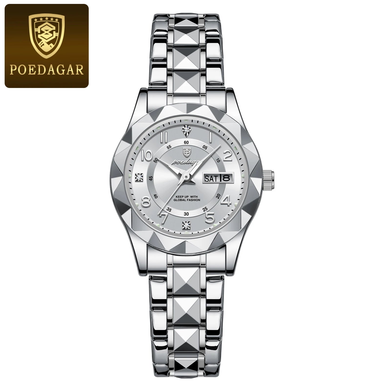 POEDAGAR 782 Women's Quartz Watch | Diamond-Cut Bezel | Two-Tone Stainless Steel | Day/Date Display
